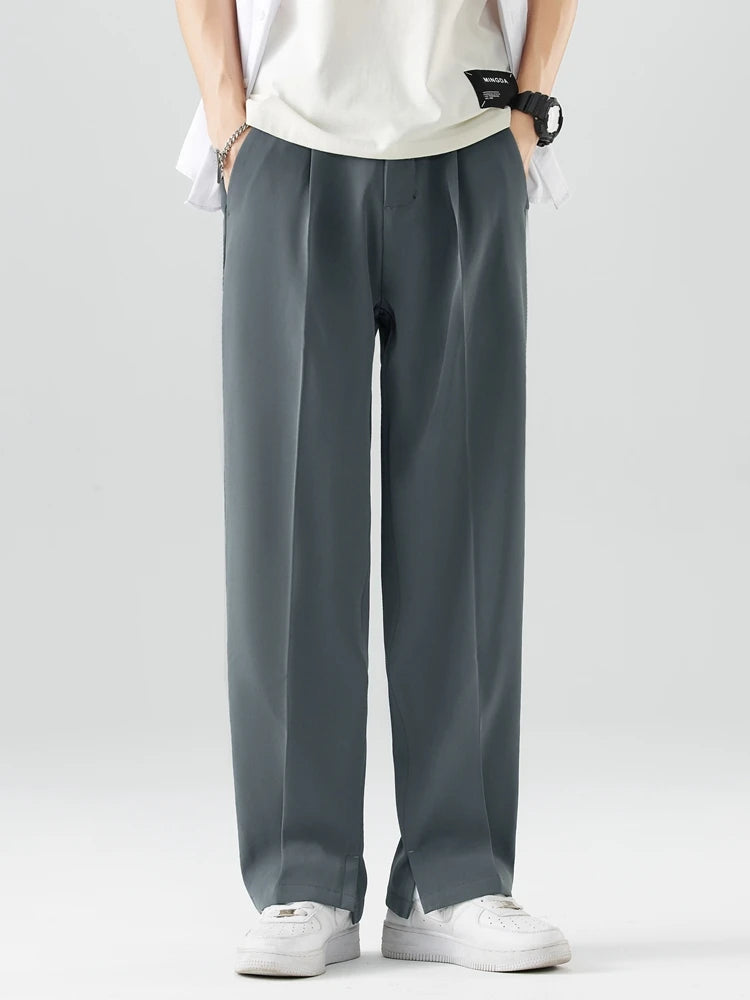2023 New Summer Casual Pants Men Breathable Polyester Korean Fashion Semi-Wide Banded Waist Slacks Straight Loose Drape Trousers
