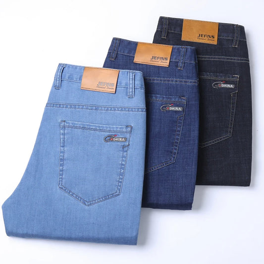 Spring/summer Thin Denim Straight Cotton Stretch Jeans Men Business Casual Cloth  High Waist Ice Silk  Lightweight Trousers
