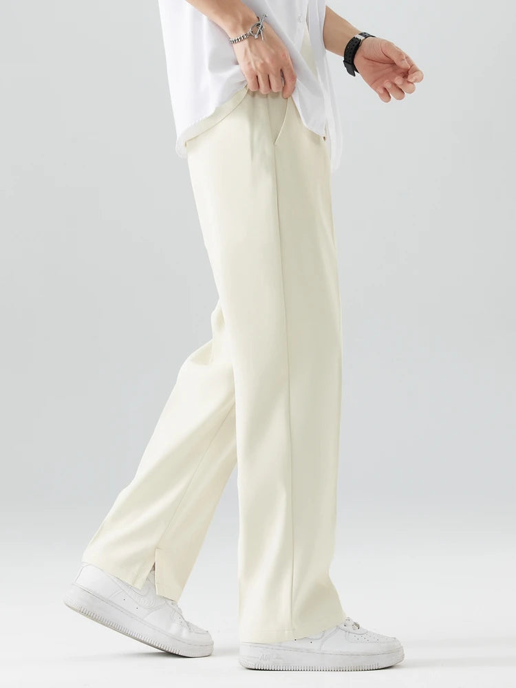 2023 New Summer Casual Pants Men Breathable Polyester Korean Fashion Semi-Wide Banded Waist Slacks Straight Loose Drape Trousers