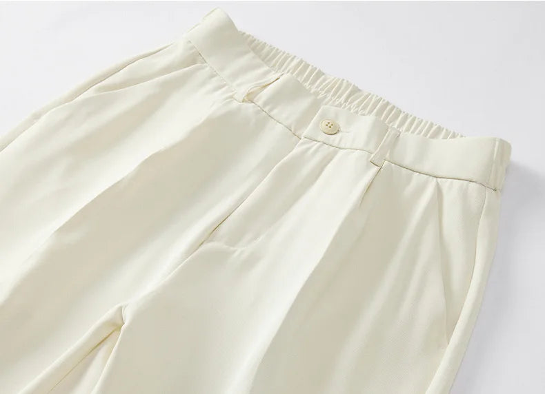 2023 New Summer Casual Pants Men Breathable Polyester Korean Fashion Semi-Wide Banded Waist Slacks Straight Loose Drape Trousers