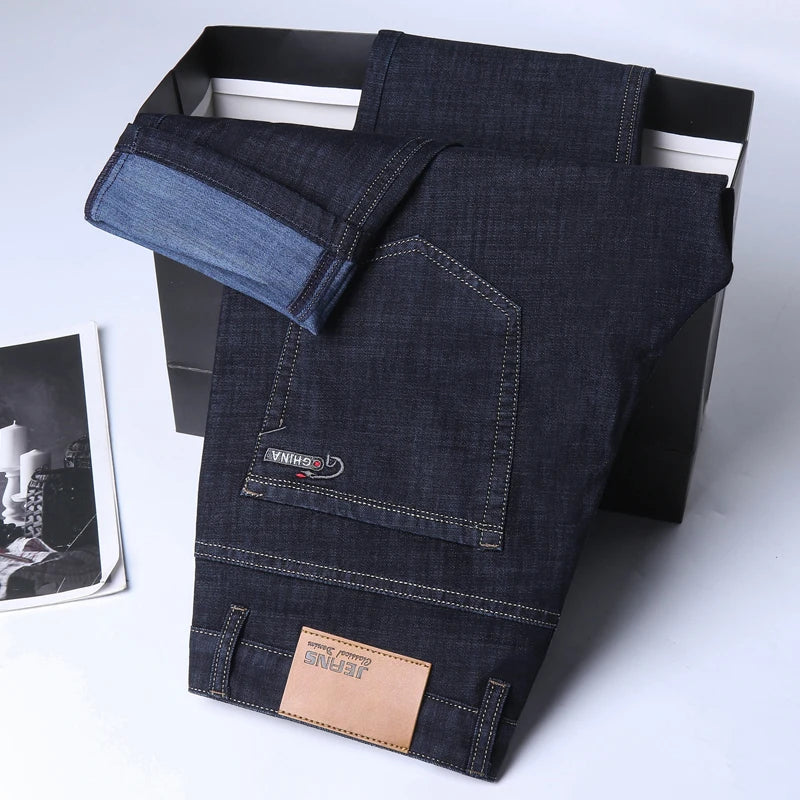Spring/summer Thin Denim Straight Cotton Stretch Jeans Men Business Casual Cloth  High Waist Ice Silk  Lightweight Trousers