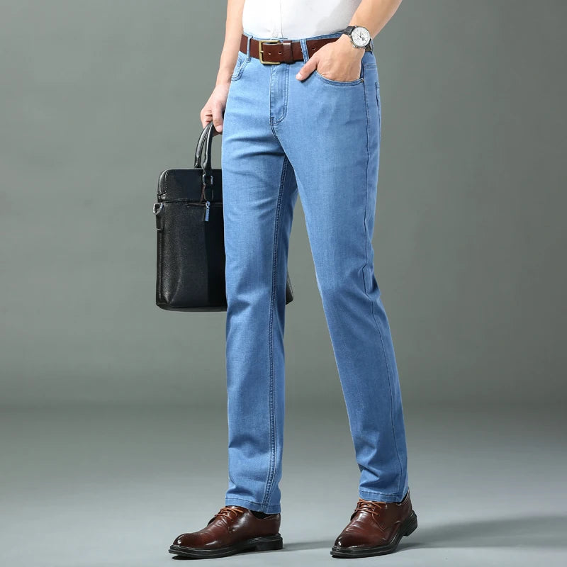 Spring/summer Thin Denim Straight Cotton Stretch Jeans Men Business Casual Cloth  High Waist Ice Silk  Lightweight Trousers