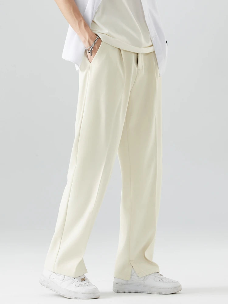 2023 New Summer Casual Pants Men Breathable Polyester Korean Fashion Semi-Wide Banded Waist Slacks Straight Loose Drape Trousers