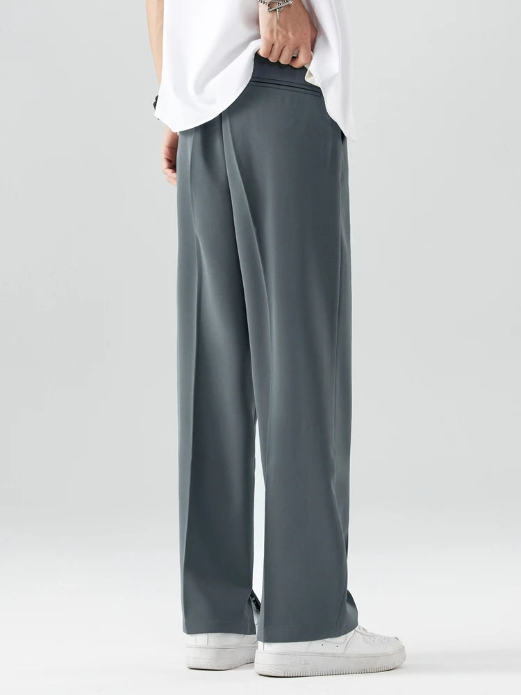 2023 New Summer Casual Pants Men Breathable Polyester Korean Fashion Semi-Wide Banded Waist Slacks Straight Loose Drape Trousers