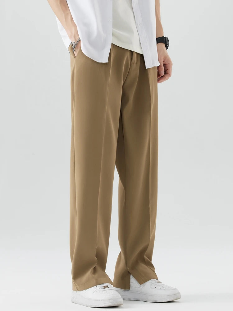 2023 New Summer Casual Pants Men Breathable Polyester Korean Fashion Semi-Wide Banded Waist Slacks Straight Loose Drape Trousers