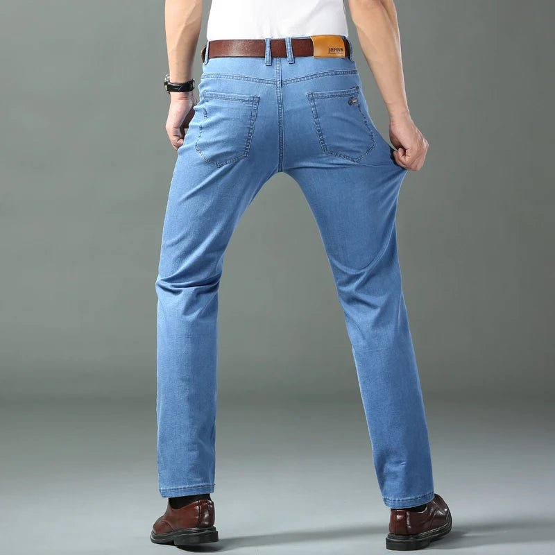 Spring/summer Thin Denim Straight Cotton Stretch Jeans Men Business Casual Cloth  High Waist Ice Silk  Lightweight Trousers