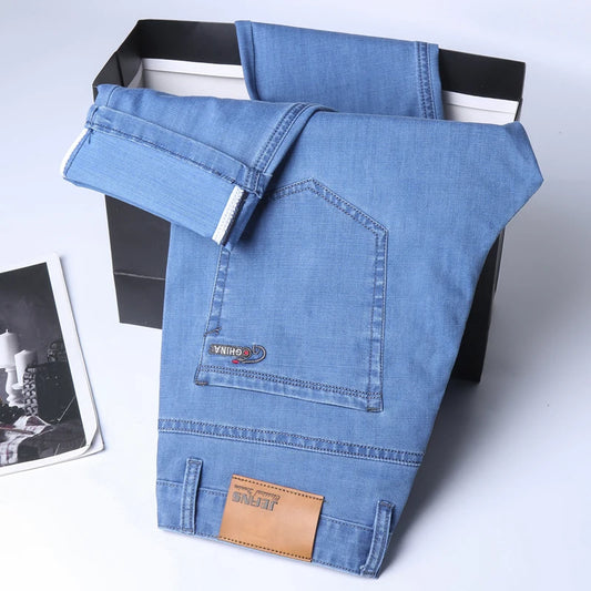Spring/summer Thin Denim Straight Cotton Stretch Jeans Men Business Casual Cloth  High Waist Ice Silk  Lightweight Trousers