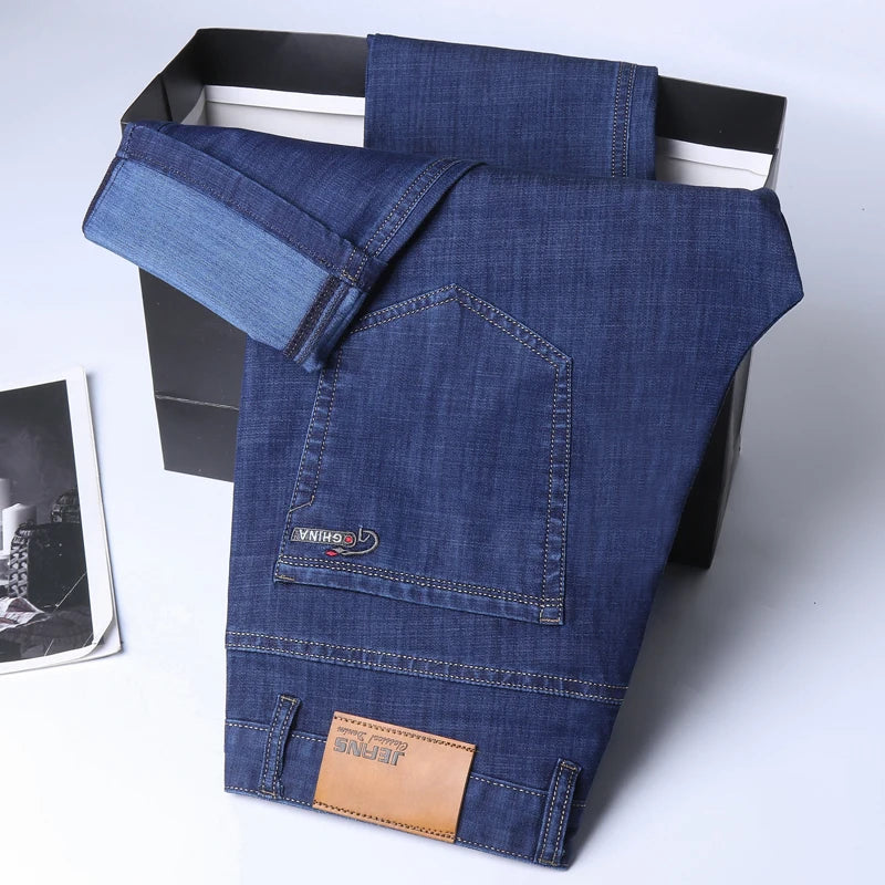 Spring/summer Thin Denim Straight Cotton Stretch Jeans Men Business Casual Cloth  High Waist Ice Silk  Lightweight Trousers