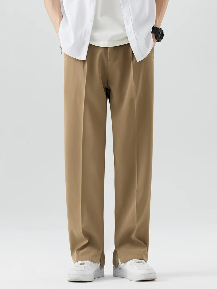 2023 New Summer Casual Pants Men Breathable Polyester Korean Fashion Semi-Wide Banded Waist Slacks Straight Loose Drape Trousers