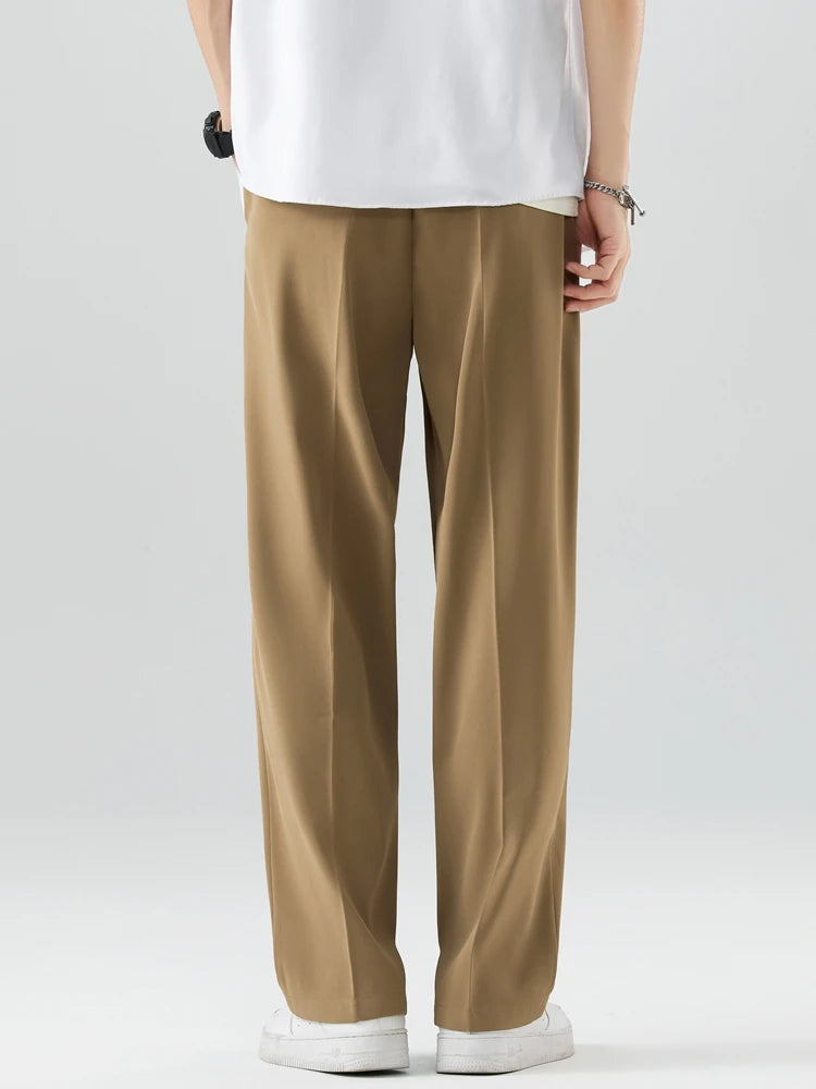 2023 New Summer Casual Pants Men Breathable Polyester Korean Fashion Semi-Wide Banded Waist Slacks Straight Loose Drape Trousers