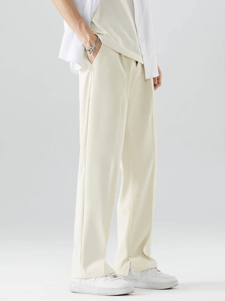 2023 New Summer Casual Pants Men Breathable Polyester Korean Fashion Semi-Wide Banded Waist Slacks Straight Loose Drape Trousers