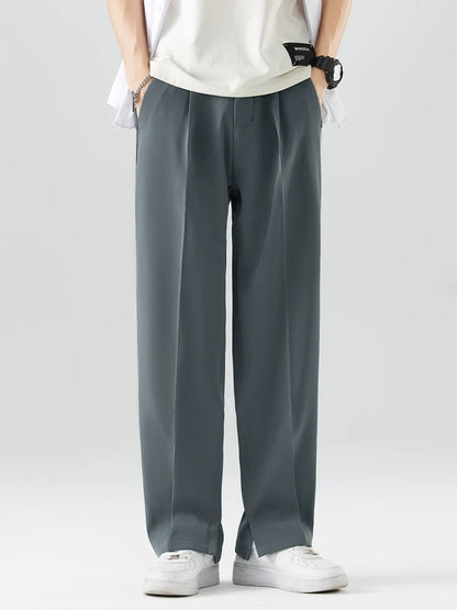 2023 New Summer Casual Pants Men Breathable Polyester Korean Fashion Semi-Wide Banded Waist Slacks Straight Loose Drape Trousers