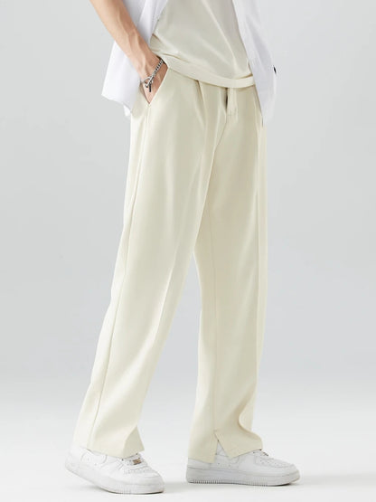 2023 New Summer Casual Pants Men Breathable Polyester Korean Fashion Semi-Wide Banded Waist Slacks Straight Loose Drape Trousers