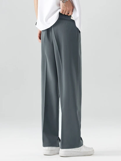 2023 New Summer Casual Pants Men Breathable Polyester Korean Fashion Semi-Wide Banded Waist Slacks Straight Loose Drape Trousers