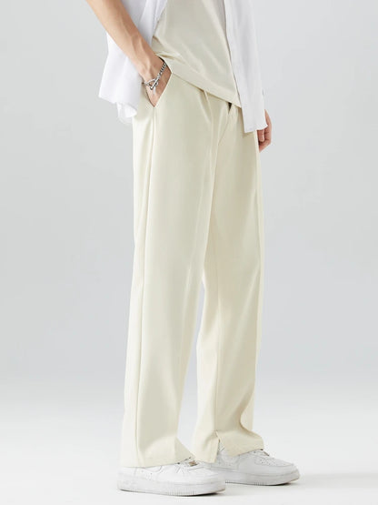 2023 New Summer Casual Pants Men Breathable Polyester Korean Fashion Semi-Wide Banded Waist Slacks Straight Loose Drape Trousers